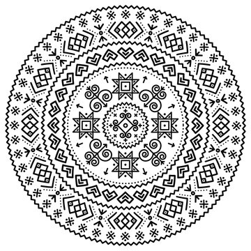 Slovak folk art vector black tribal mandala design with geometric shapes inspired by traditional house paintings from village Cicmany in Zilina region, Slovakia
	