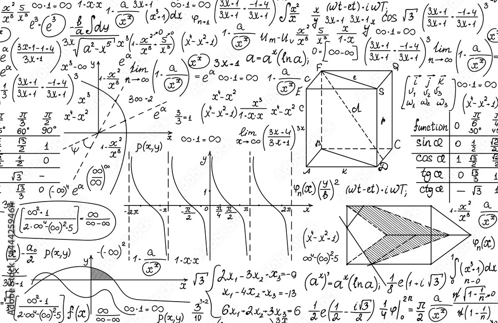 Wall mural scientific math vector seamless pattern with algebra formulas, calculations and geometrical figures 