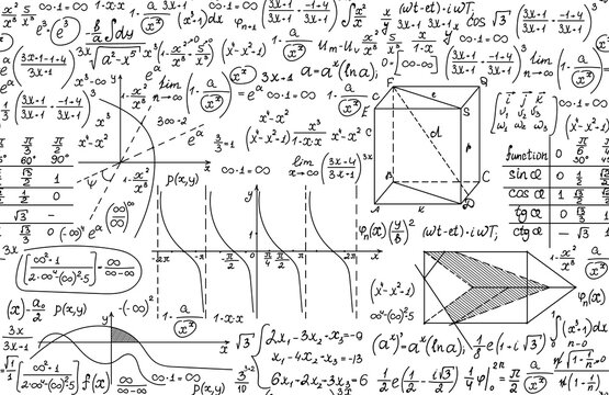 Scientific math vector seamless pattern with algebra formulas, calculations and geometrical figures handwritten on a white paper