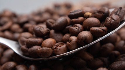 Coffee beans in a metal spoon