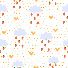 Vector seamless cute pattern with children s elements. Clouds from which strawberry rain is falling. Dots, hearts. Vector illustration on white background. Print for textiles clothing tableware poster