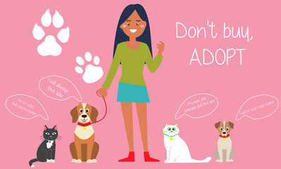 vector. a girl with dogs from a shelter