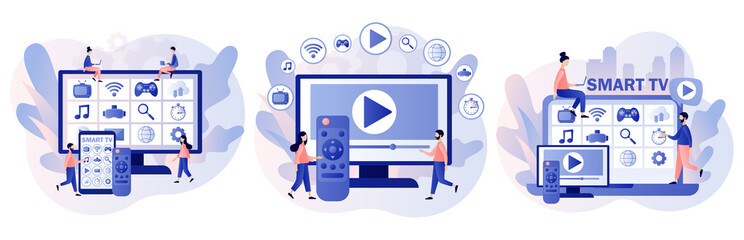 Smart TV concept. Modern television technology. Tiny people watch video, content, applications on multimedia box tv. Modern flat cartoon style. Vector illustration on white background