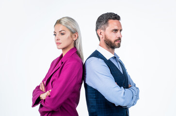 business couple. blonde woman in pink jacket and man crossed hands. back to back.