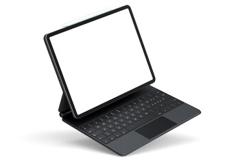 Computer tablet with keyboard and blank screen isolated on white background.