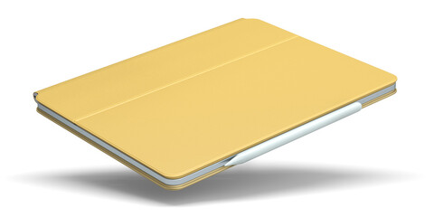 Computer tablet with gold cover case and pencil isolated on white background.