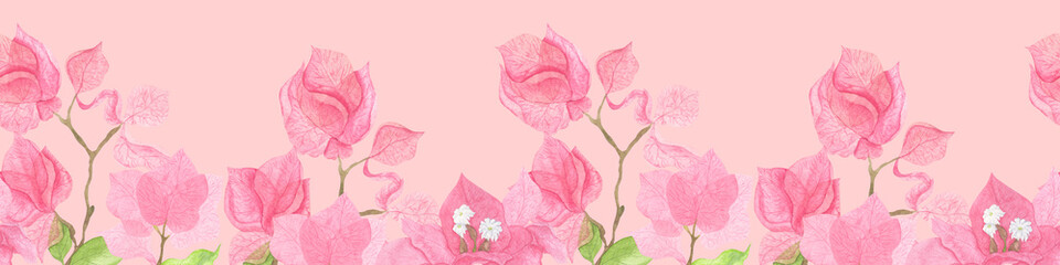 Seamless border with bougainvillea paper flowers.