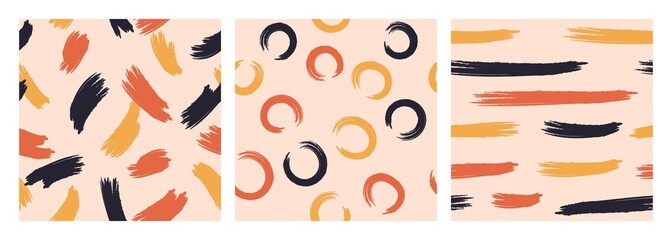 A set of three seamless abstract patterns depicting paint strokes. Design for paper, textiles and decor.