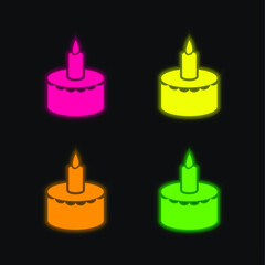 Birthday Cake With Candle four color glowing neon vector icon