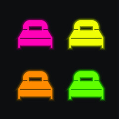 Big Bed With One Pillow four color glowing neon vector icon