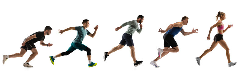 Sport collage. Male and female joggers, runners in action isolated on white studio background.