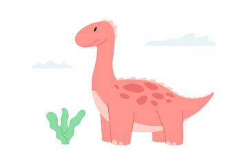 Cute pink dinosaur with a long neck. Dino child with a plant and clouds. Vector illustration in trendy flat cartoon style isolated on white background
