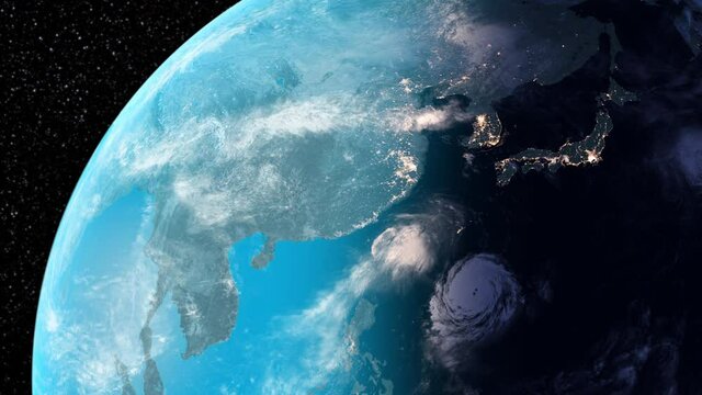 Magnificent satellite view of Asia. It can be seen how the border of night and day is shifting from east to west.
