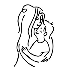 A happy mother hugs her son. Vector illustration for Mother's Day. Mommy looks at her baby with love. Line art.