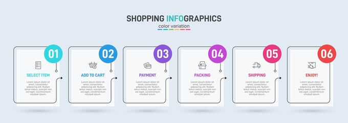 Concept of shopping process with 6 successive steps. Six colorful graphic elements. Timeline design for brochure, presentation, web site. Infographic design layout.