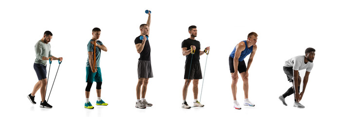 Sports training. Young men, male joggers, runners, athletes in action isolated on white studio background.