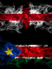 Flag of England, English and South Sudan countries with smoky effect