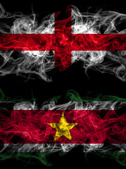 Flag of England, English and Suriname countries with smoky effect