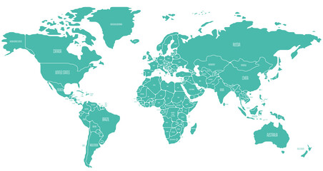 Fototapeta na wymiar Simplified schematic map of World. Political map of countries with name labels. Generalized and smoothed borders. Simple flat vector illustration