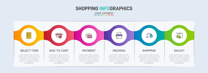 Concept of shopping process with 6 successive steps. Six colorful graphic elements. Timeline design for brochure, presentation, web site. Infographic design layout.