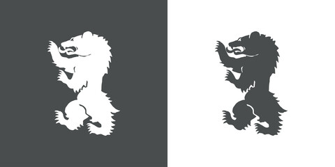 Logo heráldica con silueta de oso medieval de pie en fondo gris y fondo blanco