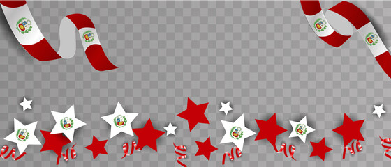 Independence Day of Peru, festive banner with balloons and ribbons. Peru flag.