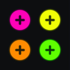 Fototapeta premium Add Round Button four color glowing neon vector icon