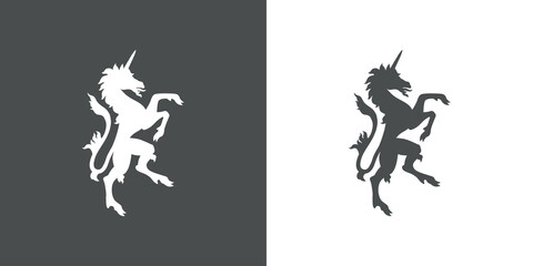 Logo heráldica con silueta de caballo unicornio medieval de pie en fondo gris y fondo blanco © teracreonte