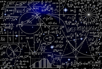Scientific space vector seamless background with handwritten math formulas, calculations and infinity sign	
 - obrazy, fototapety, plakaty