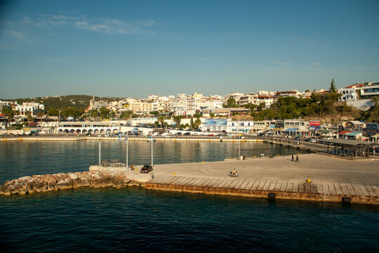 View of famous port and city of Rafina where passenger ferries travel to Aegean islands, Attica, Greece