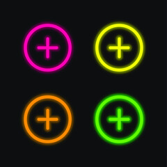 Fototapeta premium Add Circular Outlined Button four color glowing neon vector icon