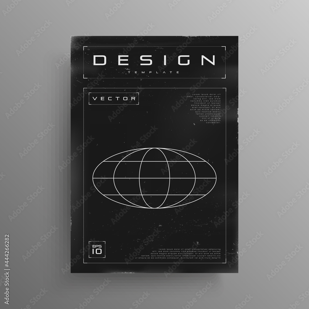 Poster retrofuturistic poster with ellipse wireframe planet and hud elements. black and white retro cyber p