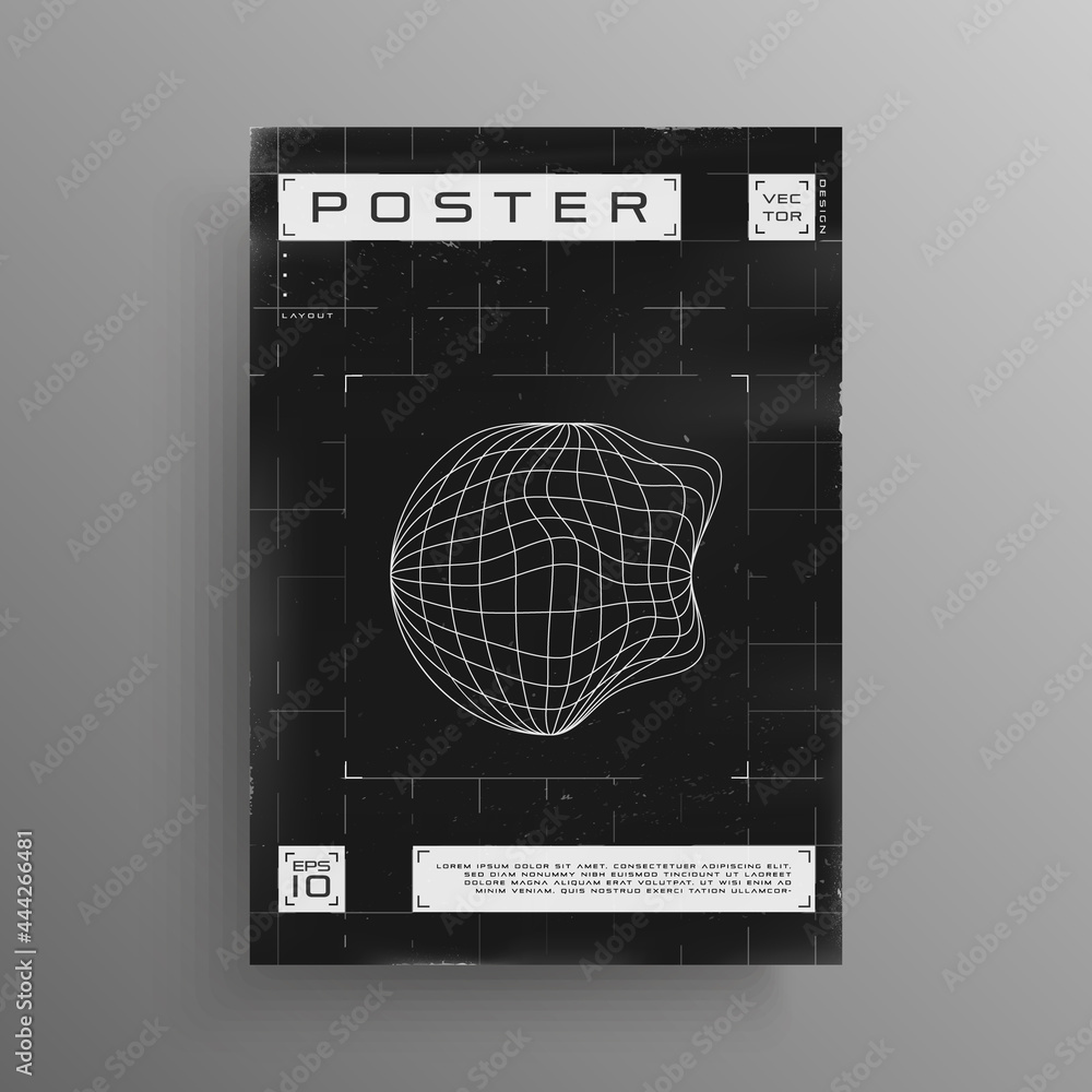 Poster retrofuturistic poster with broken laser grid and liquid distorted wireframe planet. black and white