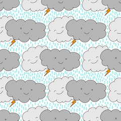 Seamless pattern with funny rainy clouds. Kawaii childish background. Pajamas fabric design.