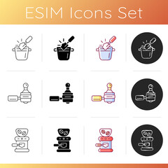 Appliance for coffee preparation icons set. Knock box for ground waste. Tampering into portafilter. Barista accessories. Linear, black and RGB color styles. Isolated vector illustrations