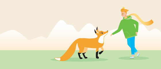 Obraz na płótnie Canvas Little prince and fox, copy space template, flat vector stock illustration with book character little prince and fox as friendship concept