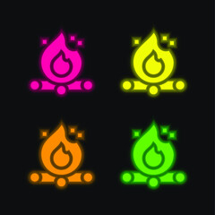 Bonfire four color glowing neon vector icon