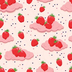 Seamless pattern of fresh strawberries on the clouds. Vector illustration. Design for paper, textiles or wallpaper. Berries on a white background.