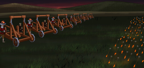 throwing flame stones on the battlefield with catapult