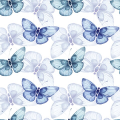 Fototapeta na wymiar Seamless watercolor pattern with blue abstract large butterflies on a white background. Summer pattern for fabrics. dresses, bed linen, packaging