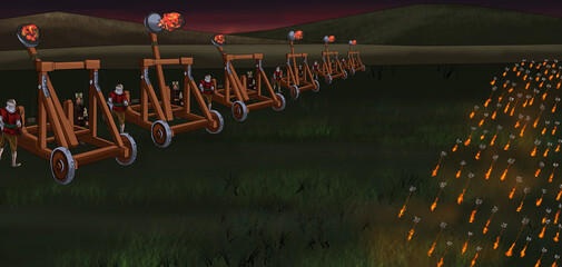 throwing flame stones on the battlefield with catapult