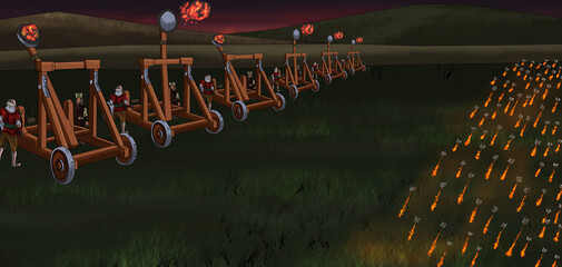 throwing flame stones on the battlefield with catapult