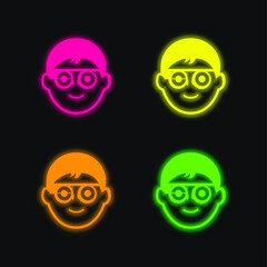 Boy Face With Circular Eyeglasses And Google Glasses four color glowing neon vector icon