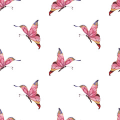 Seamless watercolor pattern with pink abstract butterflies fluttering on a white background. Summer pattern for fabrics. dresses, bed linen, packaging