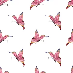 Stof per meter Vlinders Seamless watercolor pattern with pink abstract butterflies fluttering on a white background. Summer pattern for fabrics. dresses, bed linen, packaging