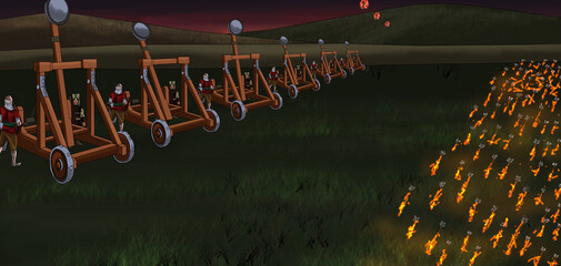 throwing flame stones on the battlefield with catapult