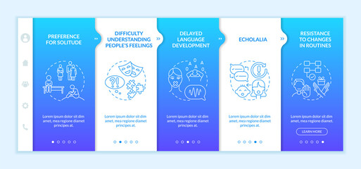 Asperger syndrome signs onboarding vector template. Responsive mobile website with icons. Web page walkthrough 5 step screens. Resistance to changes in routine color concept with linear illustrations