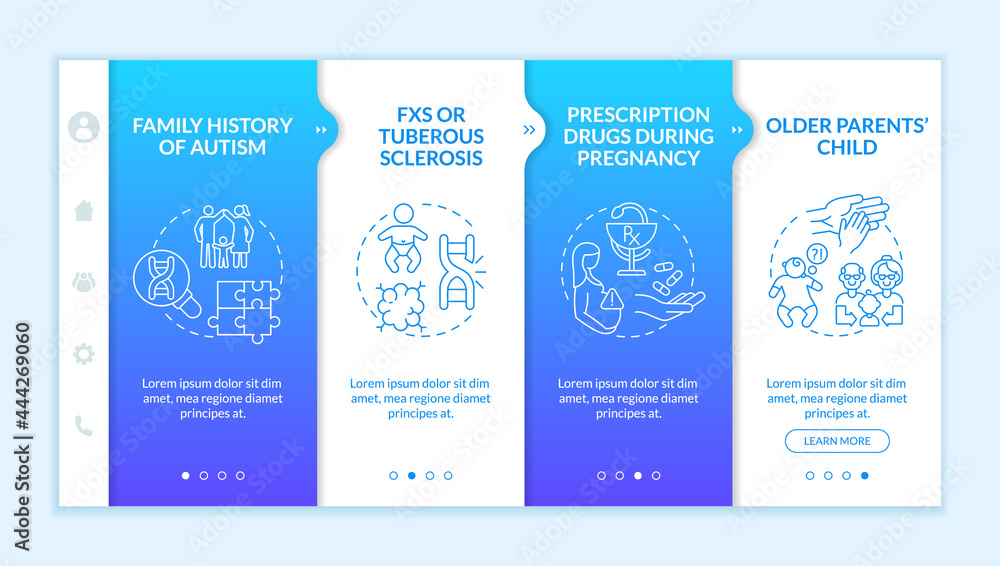 Aufkleber asd risk factors onboarding vector template. responsive mobile website with icons. web page walkthro