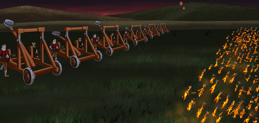 throwing flame stones on the battlefield with catapult