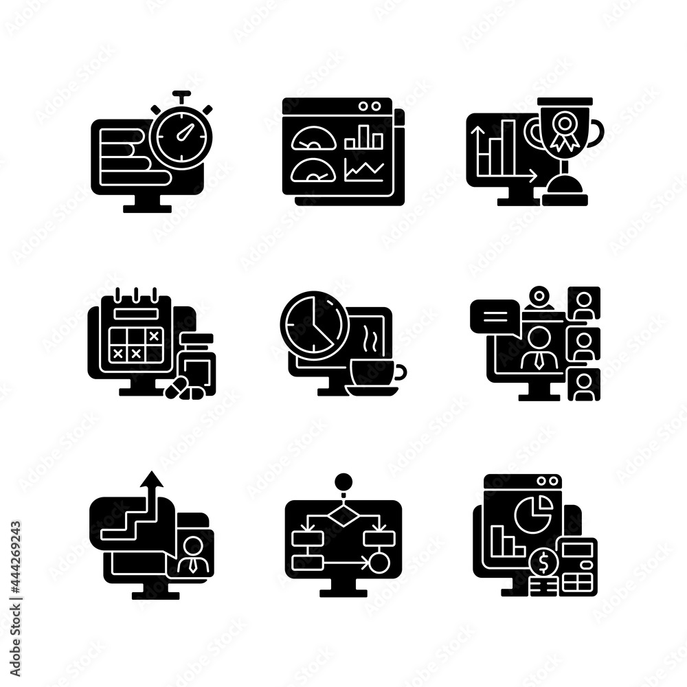 Poster online work monitoring black glyph icons set on white space. data evaluation for professional manage